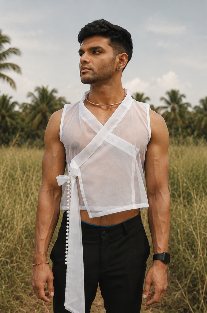 A muscular man wearing a white sheer mesh wrap-style crop top with a long tie-front ribbon and black trousers, standing in a grassy field with palm trees in the background.